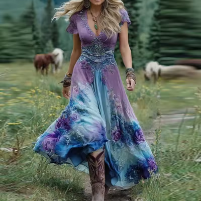Celeste | Robe fluide à fleurs, coupée sur mesure